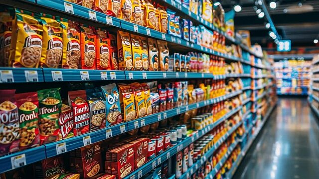 This shelves are lined with various snack packages, showcasing vibrant colors and branding.