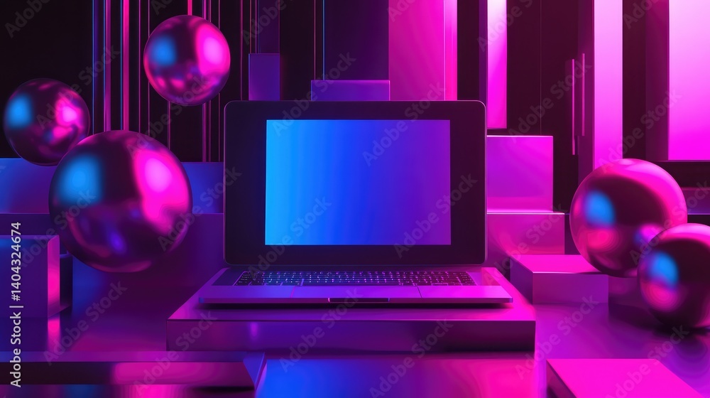 Poster a minimalistic tech workspace with a laptop screen and space around it for digital technology brandi