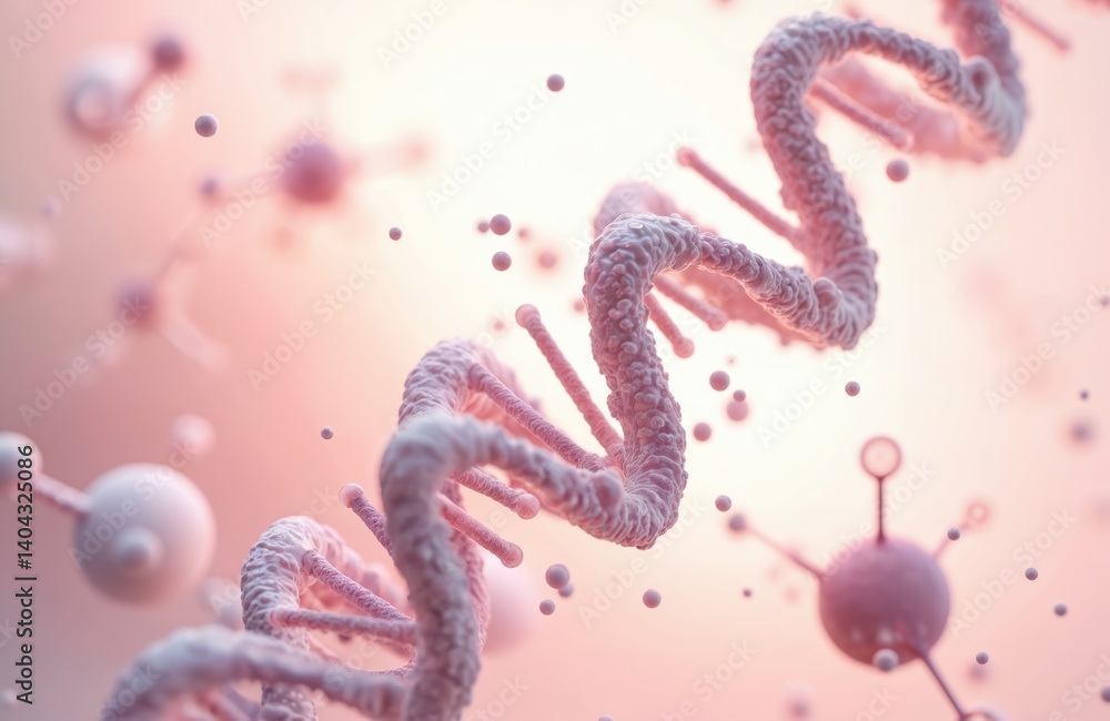 Poster Pink 3D rendering of DNA molecule double helix with atoms on blurred background. Biotechnology concept shows molecular structure of deoxyribonucleic acid. Science research, innovative medicine