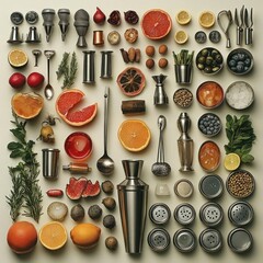 Assorted bar tools and ingredients arranged in a grid pattern