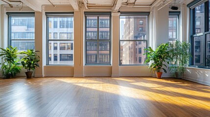 Fototapeta premium Bright coworking space with floor-to-ceiling windows, wooden floors, and empty surfaces for branding or text