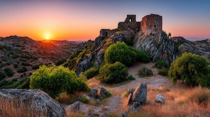 Fototapeta premium Majestic ancient castle perched on a hill surrounded by lush greenery and breathtaking scenic views of nature