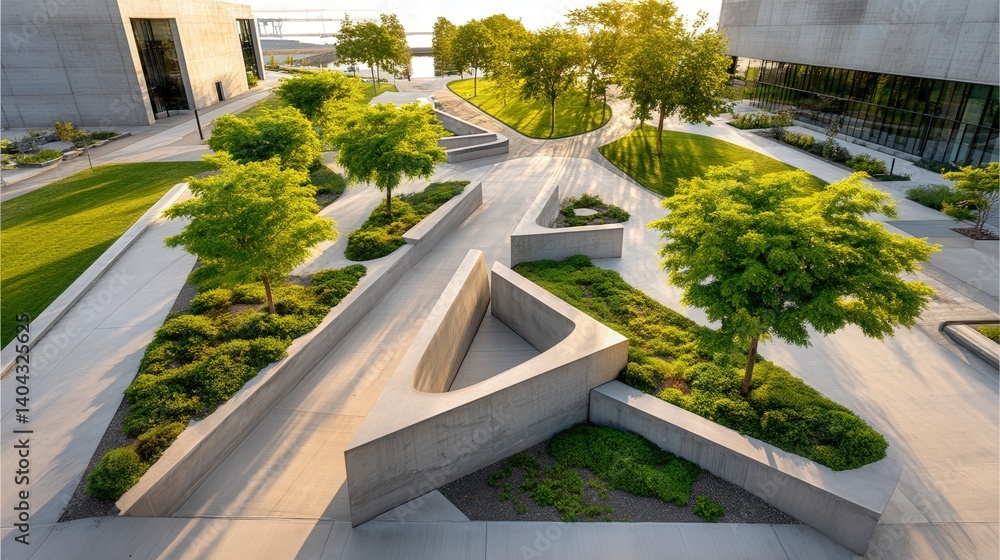 Aufkleber expansive park featuring lush trees and thoughtful minimalist architecture creating a harmonious out