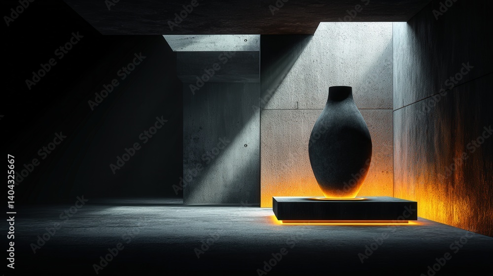 Poster elegant minimalist vase placed on a sleek table in a dark room with subtle lighting creating a myste