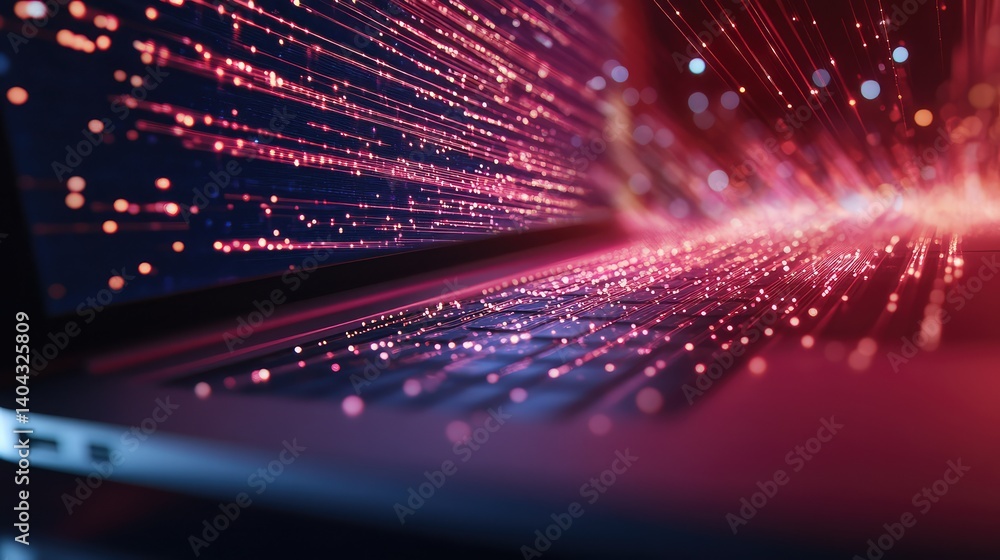 Poster close-up of a laptop screen displaying digital data streams with clean space for internet technology