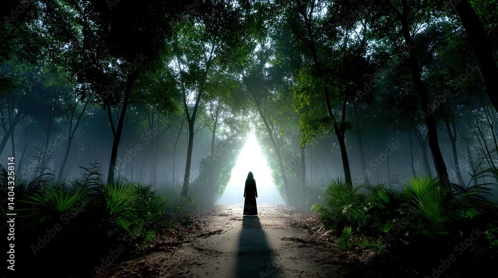 Poster shadowy figure walking through a foggy forest creating a mysterious and enigmatic scene surrounded b