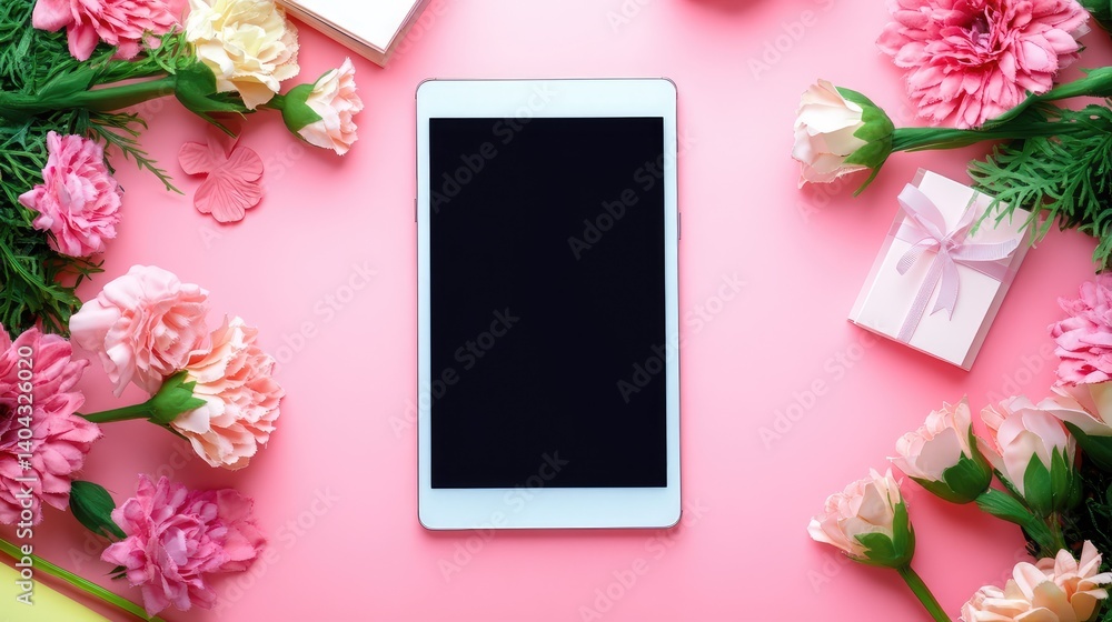 Poster close-up of a tablet and notebooks on a desk with empty background space for adding online education