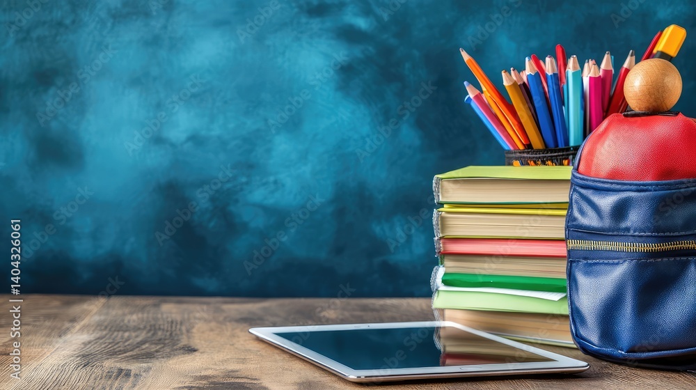 Poster close-up of a tablet and notebooks on a desk with empty background space for adding online education