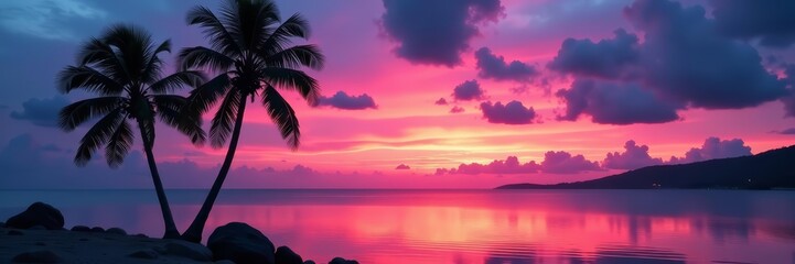 Fototapeta premium Dark silhouette of two tall palms against colorful sky reflecting on calm water, tropical, beach