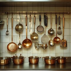 Copper and stainless steel kitchen utensils organized on a wall rack
