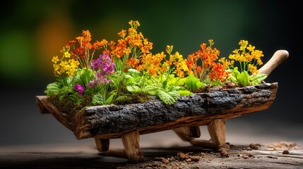 Rustic wooden wheelbarrow filled with colorful flowers creating a charming garden display full of natural beauty and color