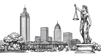 Obraz premium Monochrome Illustration of a City Skyline with Lady Justice and Buildings
