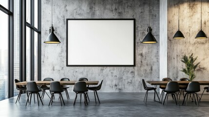 Contemporary workspace with high-end finish, dark furniture, and blank wall surface for marketing copy