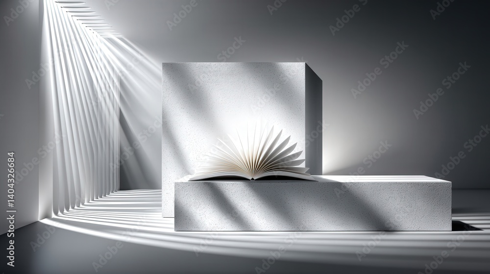 Poster simple open book on a light-colored shelf with soft lighting creating a warm and inviting reading no