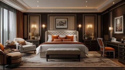Luxurious master bedroom with rich dark wood trim and warm orange accents