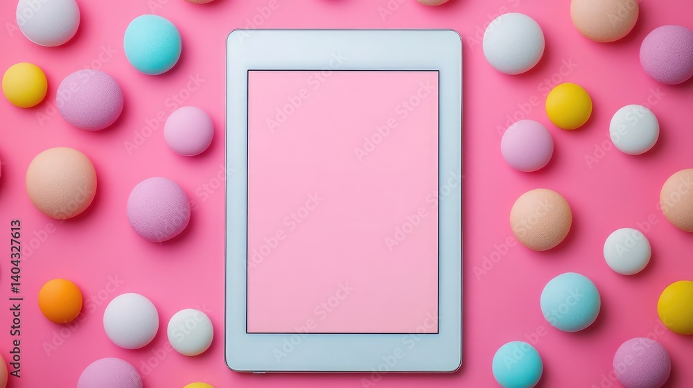Poster flat lay of an online shopping app interface on a tablet, with empty space for product promotion or 