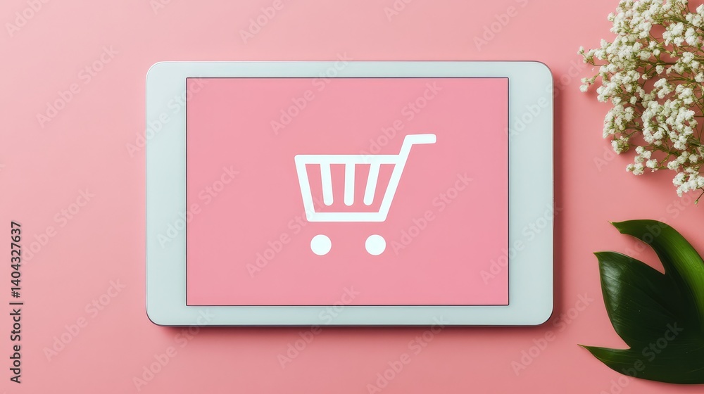Aufkleber flat lay of a shopping cart icon on a tablet screen, ideal for adding e-commerce promotions or onlin