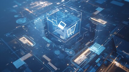 Naklejka premium Digital shopping cart inside futuristic cube, complex network data flow