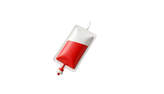 A 3D representation of a red blood bag on a transparent background, highlighting its significance in medical and health contexts