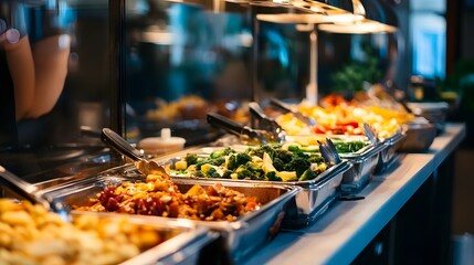 Naklejka premium Buffet line with various food dishes in metal containers under warm lighting.