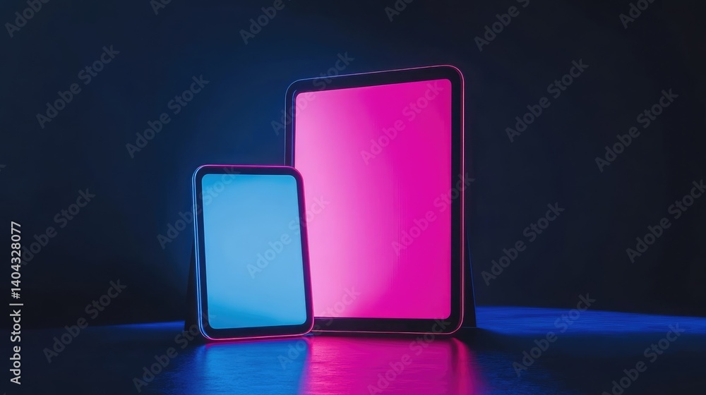 Poster floating tablet and smartphone with blank screens on dark gradient background for futuristic online 