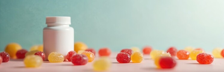Colorful chewable gummies with vitamin bottle. Edible supplements for health concept. Nutritious, tasty, delicious chewy snack for kids, adults. Dietary flavorful candy, boosting immunity. Space for