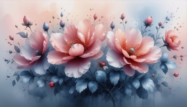 Soft peach and pink flowers blossom with artistic flair against a dreamy, watercolor background. Delicate buds and blue leaves add to the serene floral artwork.