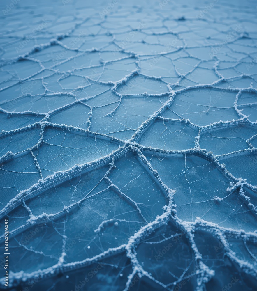 Poster a close-up view of glistening ice crystals on a surface, showcasing intricate patterns and textures.