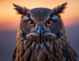 Obraz premium A captivating close-up of a majestic owl, showcasing its striking orange eyes that gleam with intelligence. The intricate feather patterns and soft textures add depth to its wise expression.
