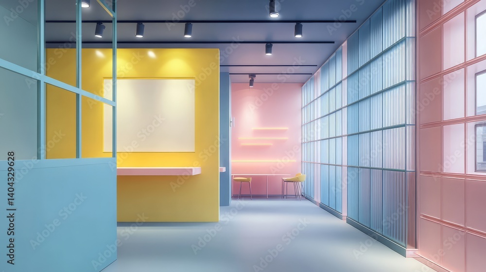 Poster open space smart office featuring touch-interactive wall and tidy desks, background for branding