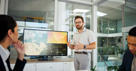 Businessman, screen or meeting with discussion for climate change, renewable energy or development...