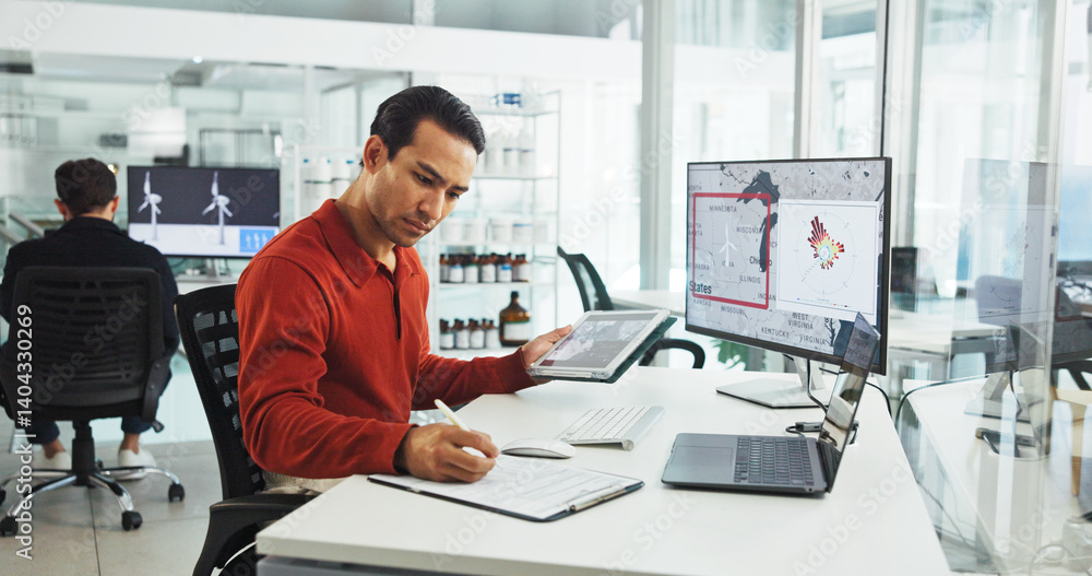 Poster Notebook, tablet and wind turbine with business man in office for renewable energy or sustainability. Electricity, windmill and writing with map on computer screen for development or engineering