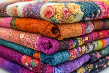 Stack of colorful embroidered textiles
