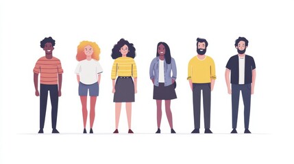 Fototapeta premium Diverse Group of Young Adults Standing Together in a Modern Flat Illustration Style