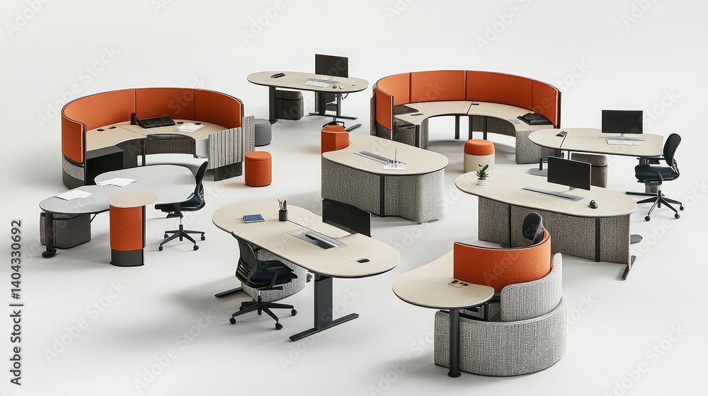 Poster urban-style open space office with minimal color palette, desk clusters, and blank space for overlay