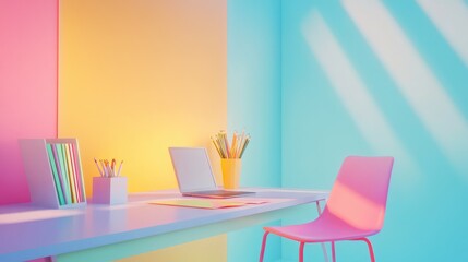 Trendy workspace with color accents, clean desk setup, inspirational decor, and empty background area for copy space