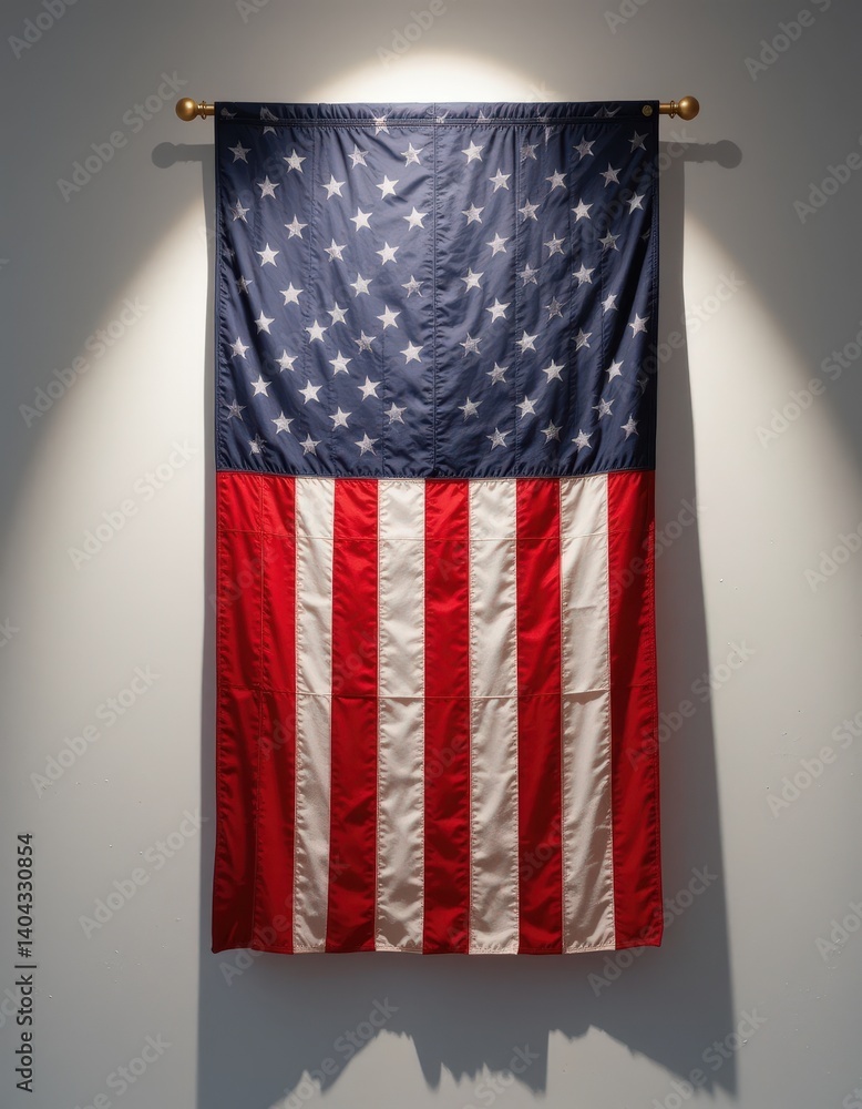 Poster a vibrant flag, adorned with bold colors and intricate patterns, gracefully hangs on a textured wall