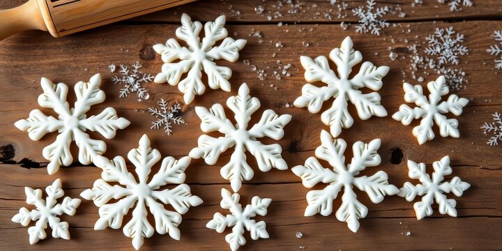 Delicate sugar paste snowflakes arranged on rustic wood, rolling pin nearby,  holiday,  bakery
