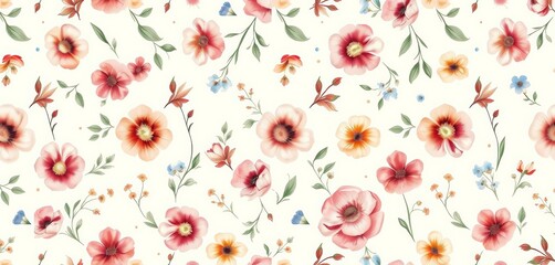 Delicate watercolor floral pattern on ivory background; seamless, vintage, nostalgic, textile, wallpaper,  ivory,  retro pattern