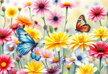 Obraz premium Delicate watercolor painting of colorful butterflies amidst blooming flowers; spring/summer garden scene, flower painting, insect art