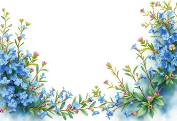 Fototapeta premium Delicate watercolor rosemary border with blue flowers and green foliage, floral, isolated