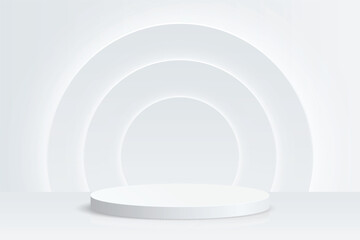 3D Empty Studio wall room with cylinder pedestal podium and lighting minimal backdrop. Display pedestal mockup scene stage for presentation product cosmetic, stand, showcase, exhibition. Vector
