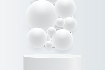 Abstract 3D shape podium with sphere ball on studio background. Pedestal mockup minimal scene empty stage for presentation product cosmetic, stand, showcase, exhibition, fashion display. Vector
