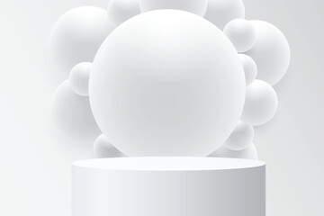 Abstract 3D shape podium with sphere ball on studio background. Pedestal mockup minimal scene empty stage for presentation product cosmetic, stand, showcase, exhibition, fashion display. Vector
