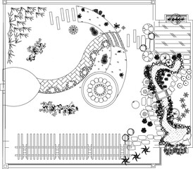 Obraz premium vector sketch illustration silhouette design landscape plan siteplan layout garden with trees and plants 