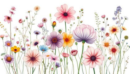 Obraz premium Delicate watercolor wildflowers, various species, soft hues, abundant blossoms, white background, floral, flowers