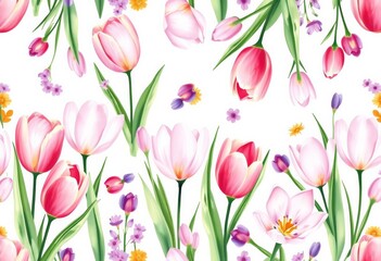 Delicate watercolor tulips & crocuses in a seamless spring floral pattern, perfect for fabric or wallpaper, springtime, art