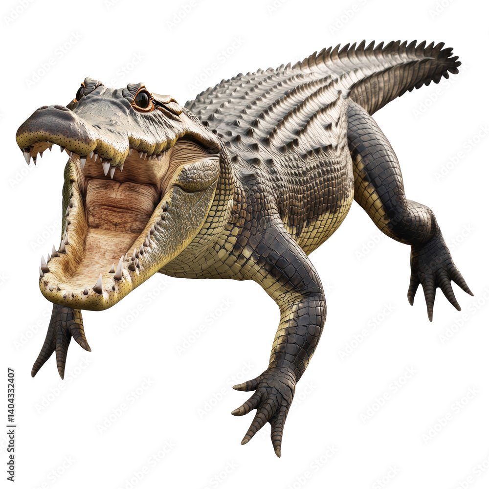 Poster a large crocodile with its mouth aggressively open displaying teeth in a natural habitat setting iso