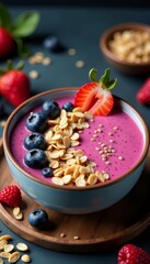 Fototapeta premium Delicious and refreshing smoothie bowl with granola, chia seeds, and berries, plant-based, smoothie bowl