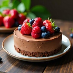 Delicious chocolate mousse cake topped with fresh berries, perfect for dessert table display, food, celebration